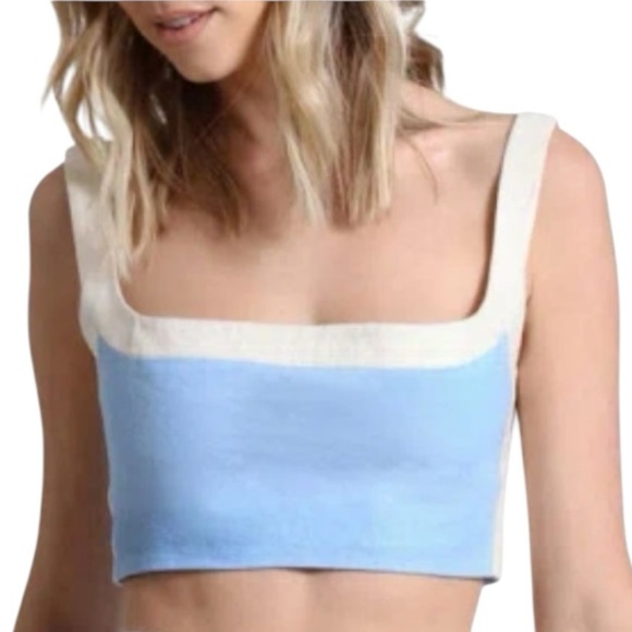 AVEC LES FILLES Linen Blend Colorblock Crop Top In Ice Blue SZ M new - Picture 3 of 10